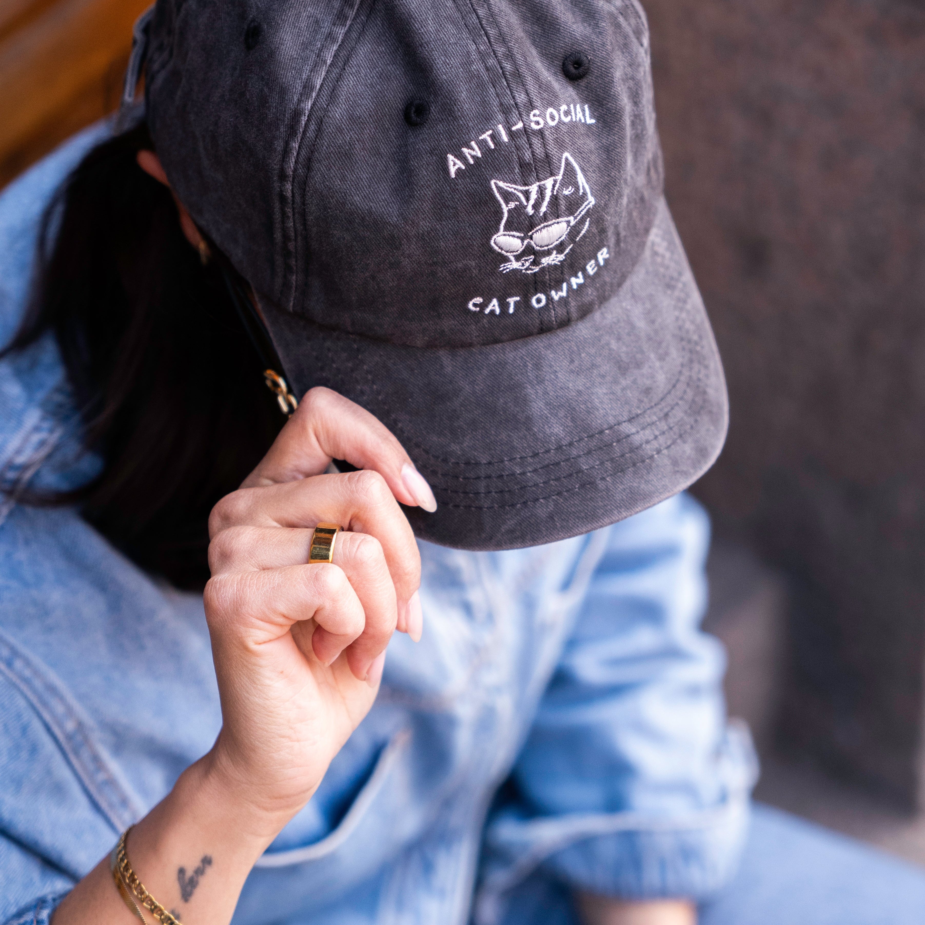 Cappellino in denim nero - Logo "Anti-Social Cat Owner" 